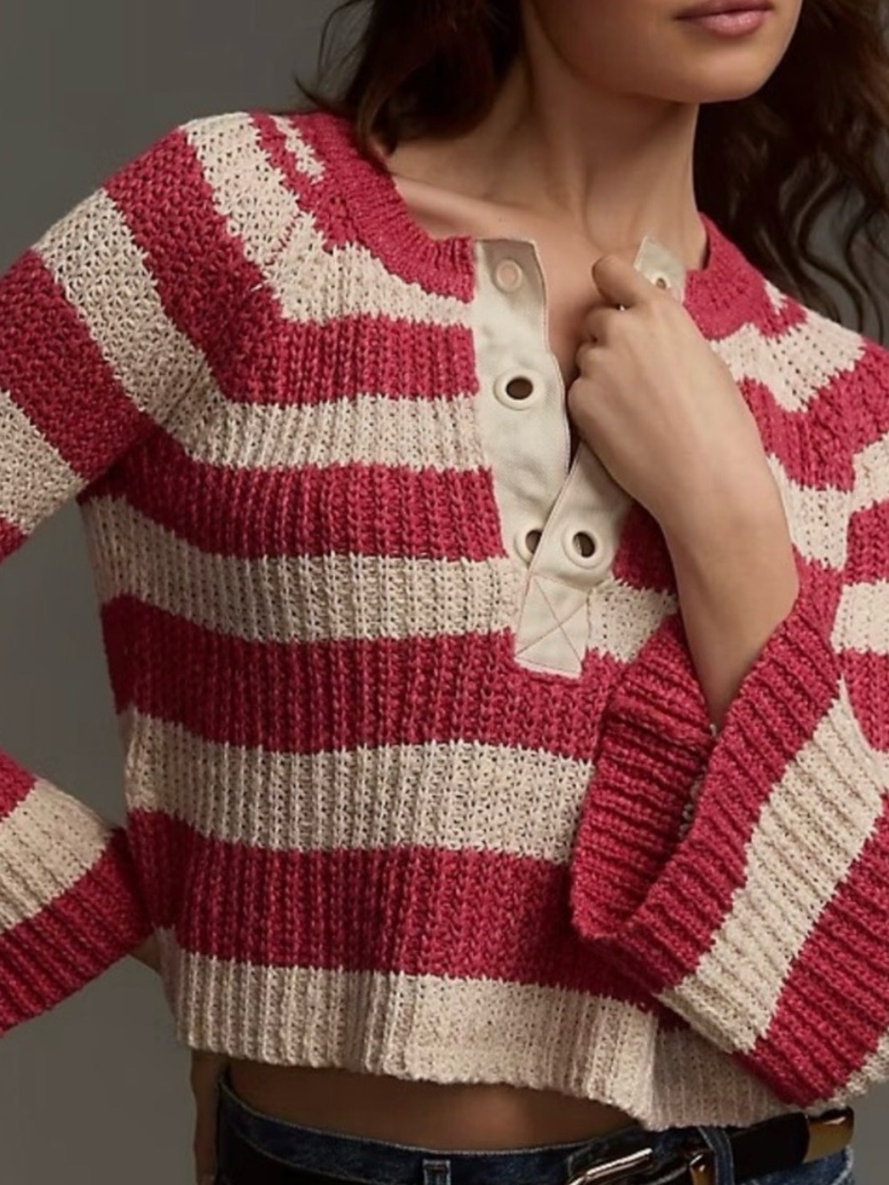 Anthropologie Pilcro Striped Bell-Sleeve Henley Sweater